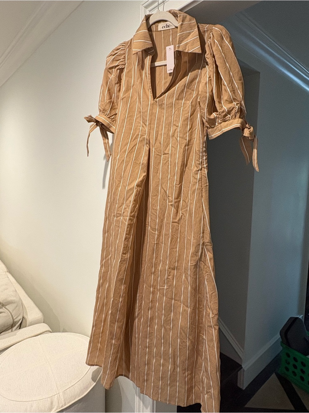 Eche - Katie Dress size small. Tan Striped Maxi Dress with Tie Sleeve Details